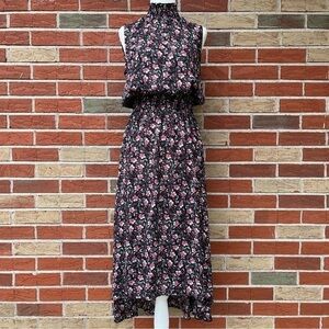 Nanette Lepore Smocked Ruched Black Multicolor Sleeveless High Low Maxi Dress 👗